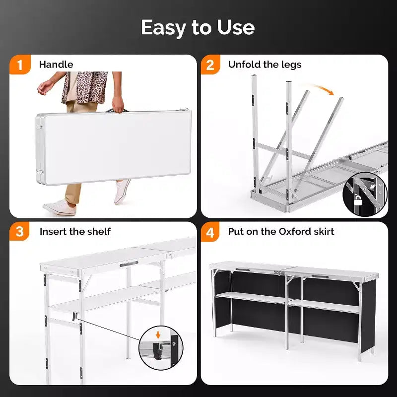Table de bar portable de 198 cm avec étagères à 2 niveaux, table de bar mobile pour événements, fêtes, camping, pique-niques et salons professionnels