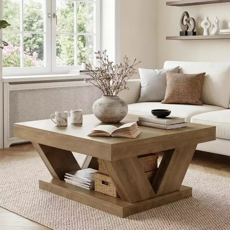 Lantine Farmhouse Coffee Table with Large Storage Shelf, 2-Tier Rustic Wood Modern Center Table for Living RoomHome Office, Rustic Brown