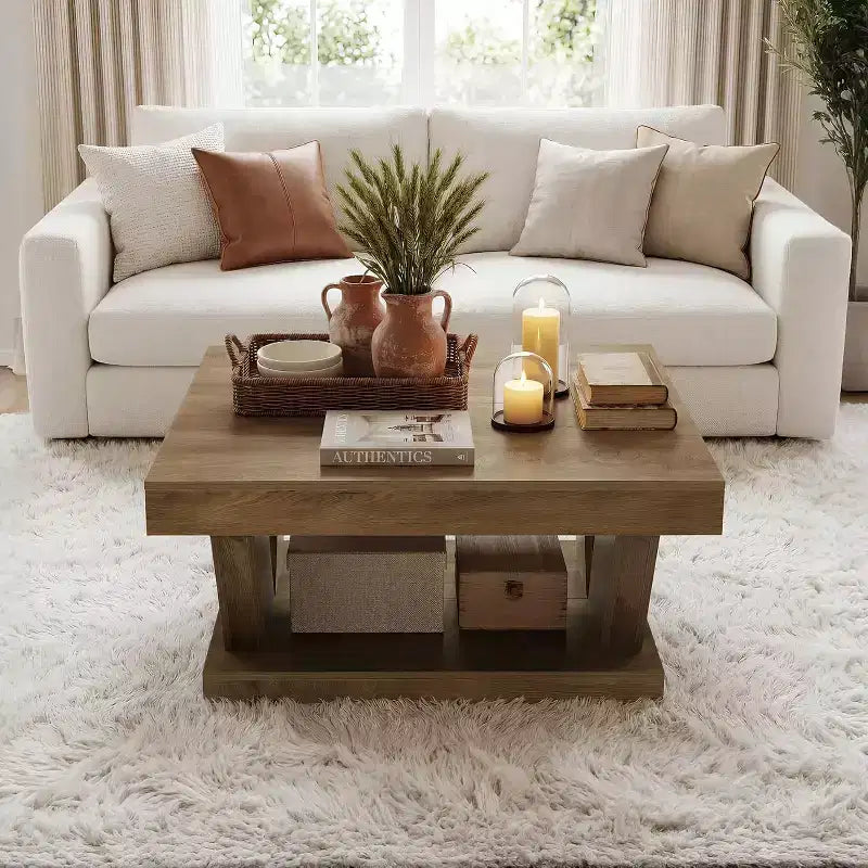 Table basse de ferme avec grande étagère de rangement, table centrale rustique à 2 niveaux en bois pour le salon et le bureau, marron rustique
