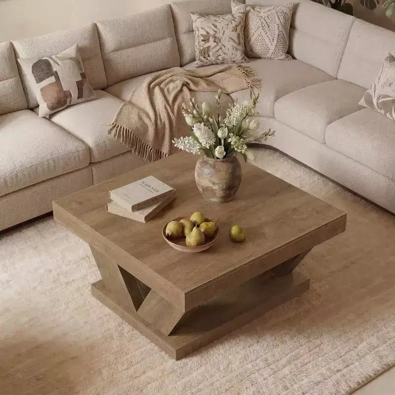 Table basse de ferme avec grande étagère de rangement, table centrale rustique à 2 niveaux en bois pour le salon et le bureau, marron rustique