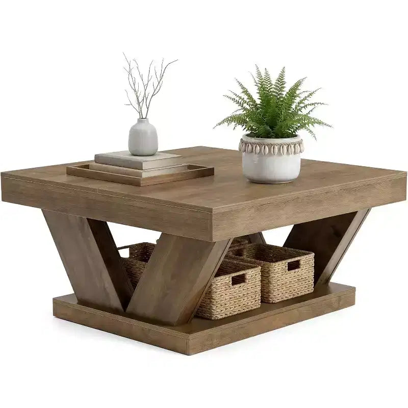 Table basse de ferme avec grande étagère de rangement, table centrale rustique à 2 niveaux en bois pour le salon et le bureau, marron rustique
