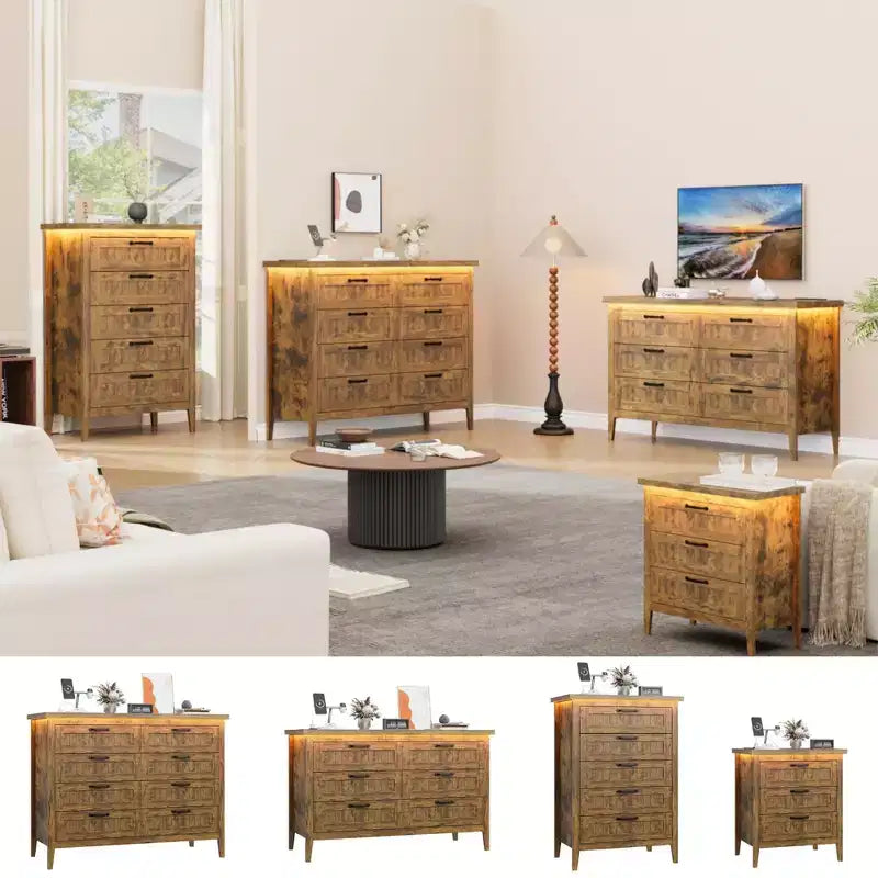 Commode de 3/5/6/8 tiroirs avec lumière LED, commode en bois pour chambre à coucher, placard et salon