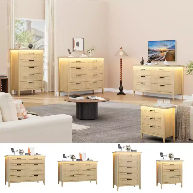 Commode de 3/5/6/8 tiroirs avec lumière LED, commode en bois pour chambre à coucher, placard et salon