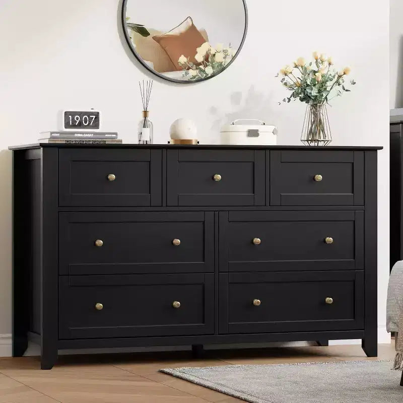 GustoWave Modern 54 Wide Large 7 Drawer Dresser for Bedroom, Entryway, Hallway, Black