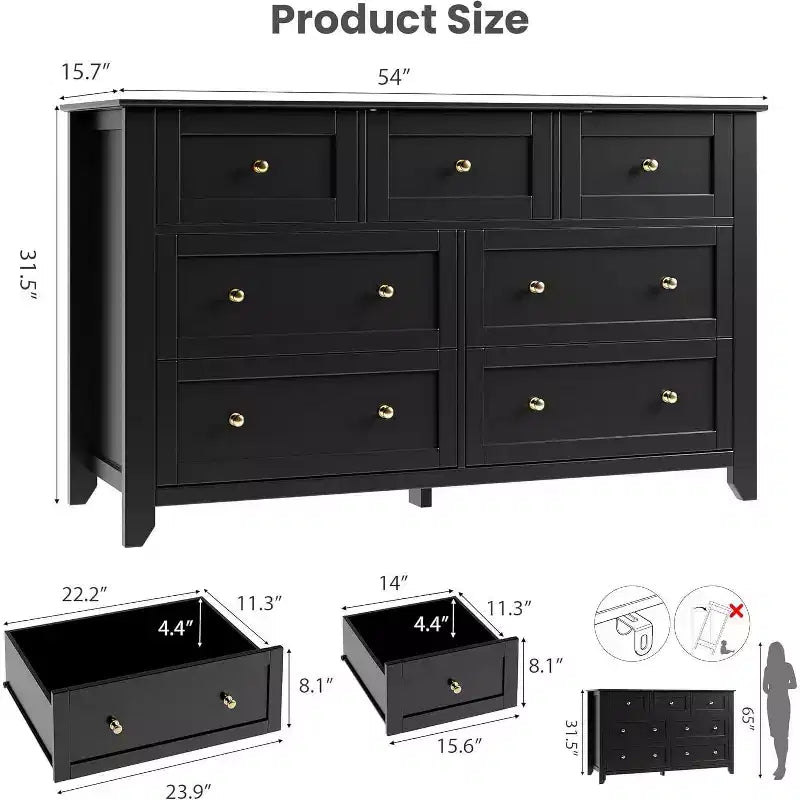 Grande commode moderne à 7 tiroirs de 137 cm de large pour chambre, entrée, couloir, noire
