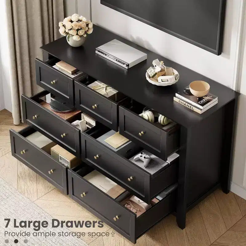 Grande commode moderne à 7 tiroirs de 137 cm de large pour chambre, entrée, couloir, noire