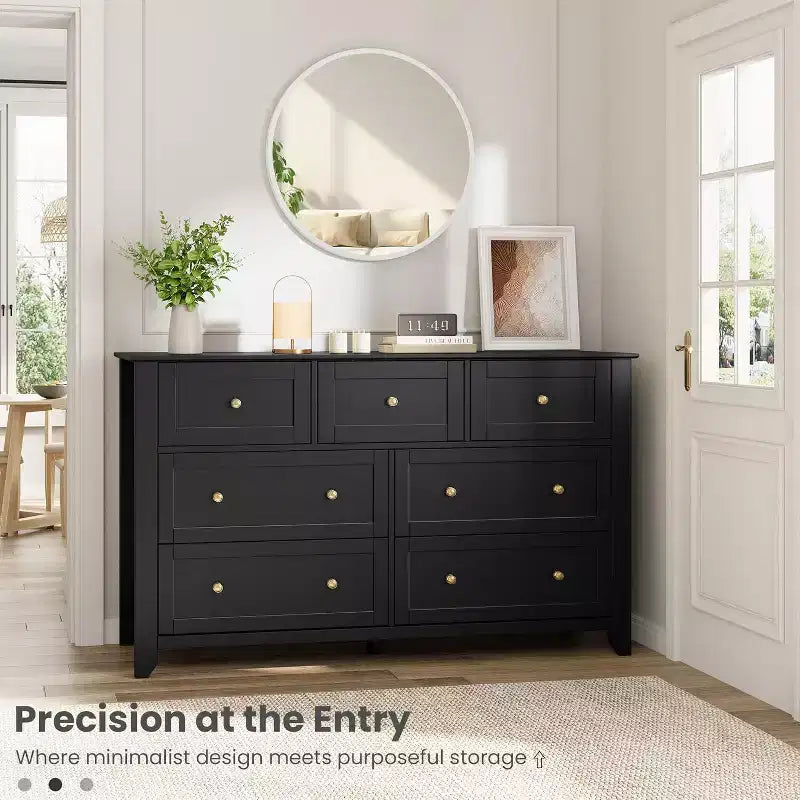 Grande commode moderne à 7 tiroirs de 137 cm de large pour chambre, entrée, couloir, noire