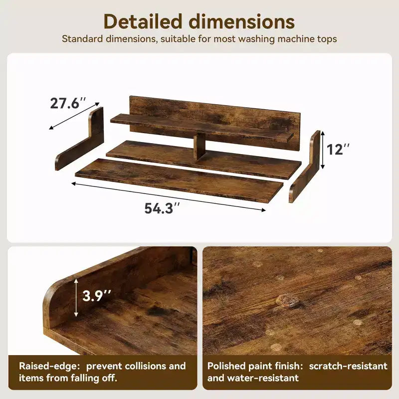 Dessus de laveuse et sécheuse en bois, comptoir de buanderie de 137 cm avec étagère de rangement à 2 niveaux, surface de travail antidérapante avec garde-corps pour l'organisation de la buanderie