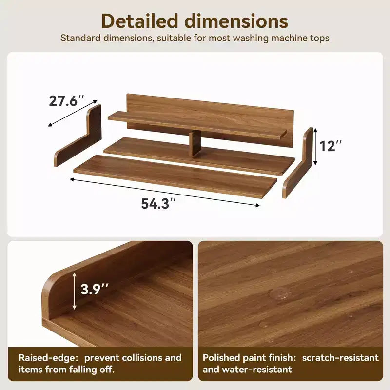 Dessus de laveuse et sécheuse en bois, comptoir de buanderie de 137 cm avec étagère de rangement à 2 niveaux, surface de travail antidérapante avec garde-corps pour l'organisation de la buanderie
