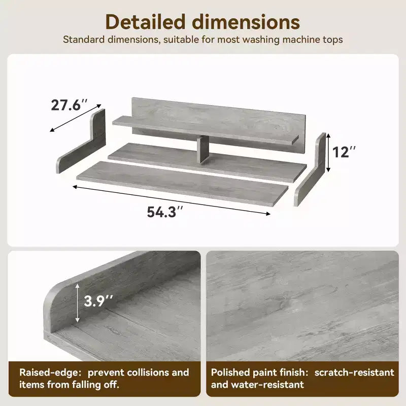 Dessus de laveuse et sécheuse en bois, comptoir de buanderie de 137 cm avec étagère de rangement à 2 niveaux, surface de travail antidérapante avec garde-corps pour l'organisation de la buanderie