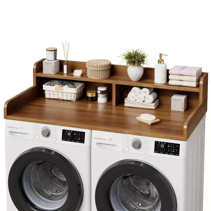 Wood Washer and Dryer Topper, 54 Laundry Countertop with 2-Tier Storage Shelf, Anti-Slip Work Surface with Guardrails for Laundry Organization