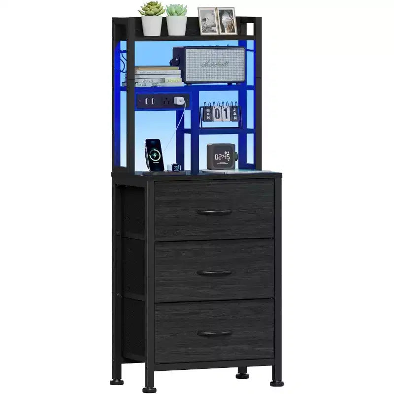 Qwatto 45.3in Tall Bedside Table with USB Charging Station and Light 3 Fabric Drawer Nightstand Bookshelf for Small Space Bedroom Dorm Black Finish