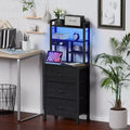 Table de chevet haute de 115 cm avec station de recharge USB et lumière LED, table de nuit avec 3 tiroirs en tissu et étagère pour chambre à coucher ou dortoir de petit espace, noir