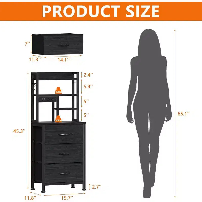 Table de chevet haute de 115 cm avec station de recharge USB et lumière LED, table de nuit avec 3 tiroirs en tissu et étagère pour chambre à coucher ou dortoir de petit espace, noir