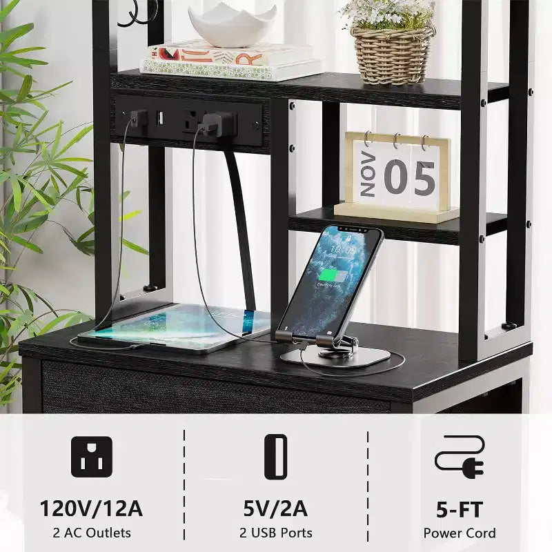 Table de chevet haute de 115 cm avec station de recharge USB et lumière LED, table de nuit avec 3 tiroirs en tissu et étagère pour chambre à coucher ou dortoir de petit espace, noir