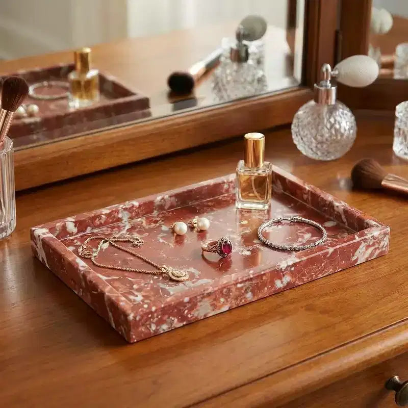 Plateau de rangement à bijoux en marbre naturel – Plateau en pierre de marbre véritable pour coiffeuse, salle de bain et décoration intérieure
