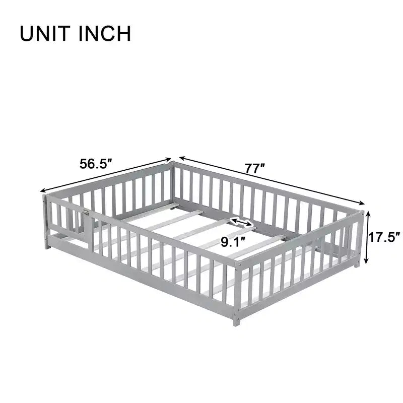 Lit plateforme au sol complet avec clôture et porte, cadre de lit plateforme en bois massif pour enfants