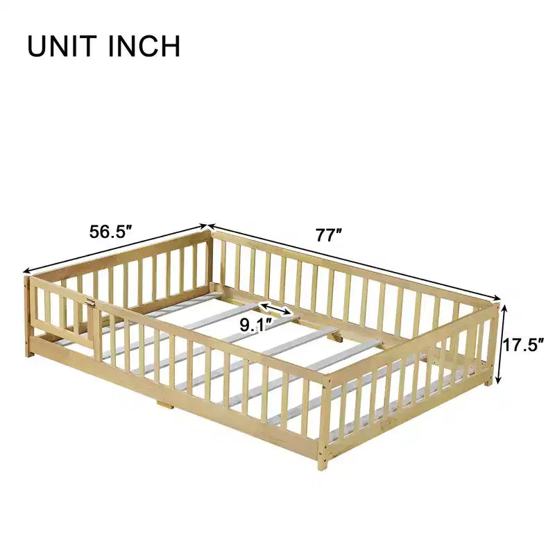 Lit plateforme au sol complet avec clôture et porte, cadre de lit plateforme en bois massif pour enfants