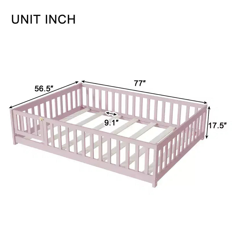 Lit plateforme au sol complet avec clôture et porte, cadre de lit plateforme en bois massif pour enfants