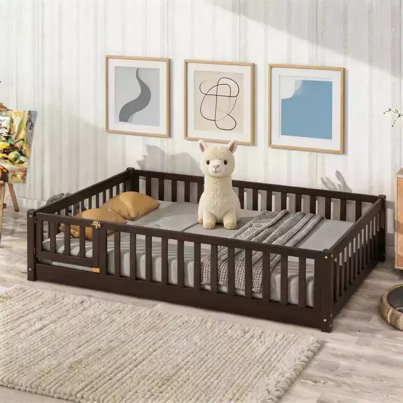 Sailvan Full Floor Bed with Fence and Door, Solid Wood Kids Platform Bed Frame