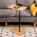 Bamboo Height Adjustable C-Shape Side Table, 2-Tier Rectangle Sofa Tray Table with Phone Slot Wine Glass Holder