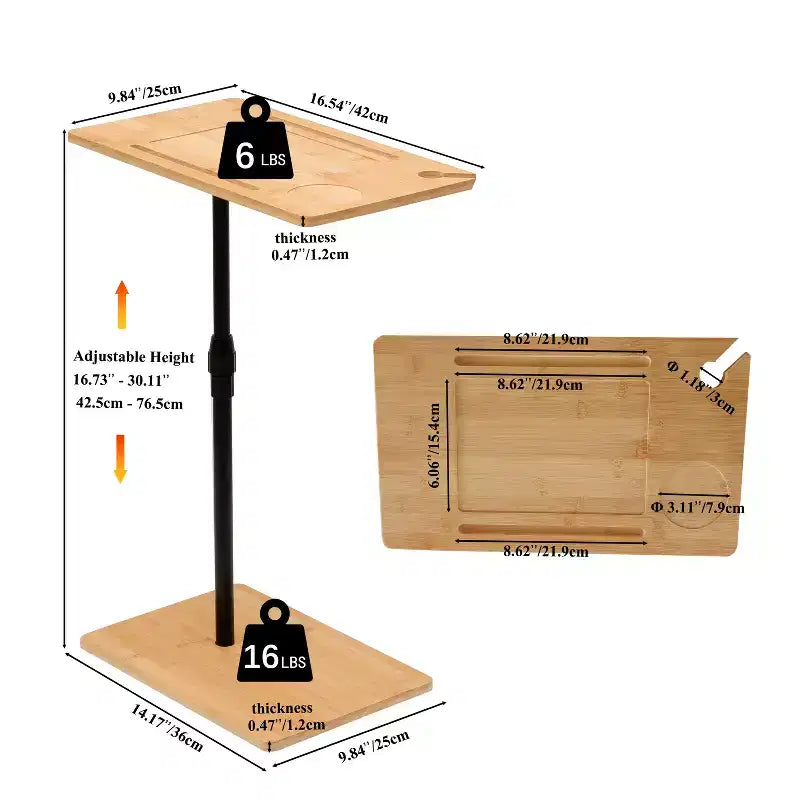 Table d'appoint en bambou réglable en hauteur en forme de C avec fente pour téléphone et support de verre à vin