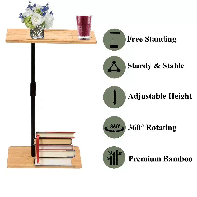 Table d'appoint en bambou réglable en hauteur en forme de C avec fente pour téléphone et support de verre à vin