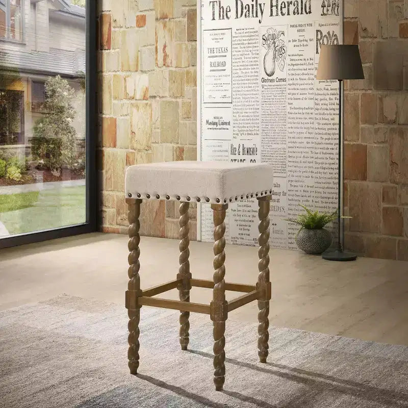 Tabouret de bar rembourré 30" Chêne naturel - Bordure en laiton antique
