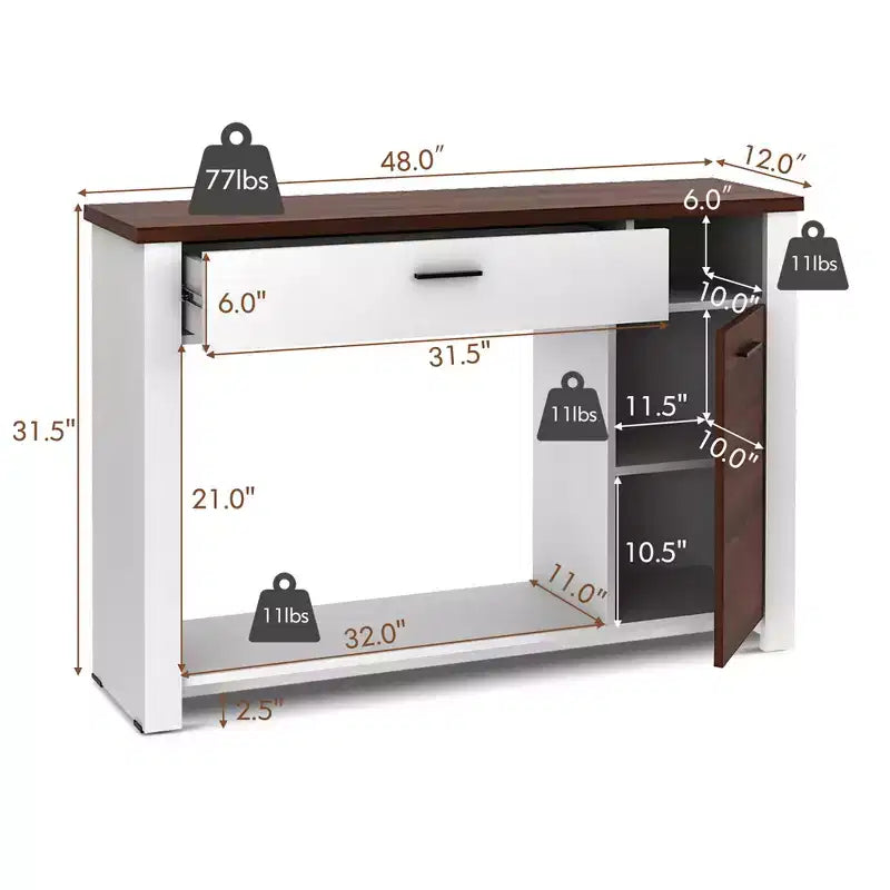 Console-table canapé 48'' avec tiroir, meuble et étagère réglables en hauteur