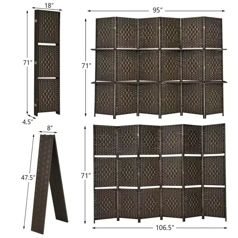 Paravent Pliable à 6 Panneaux 1,8 m en Fibre Tissée avec 2 Étagères de Présentation