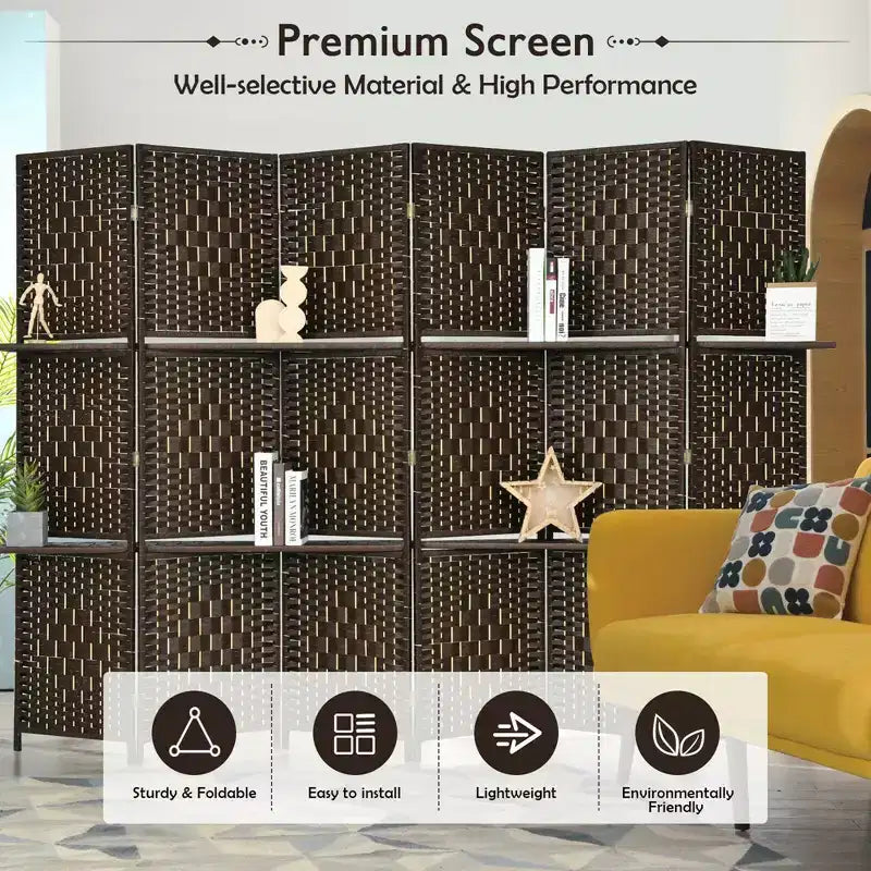 Paravent Pliable à 6 Panneaux 1,8 m en Fibre Tissée avec 2 Étagères de Présentation