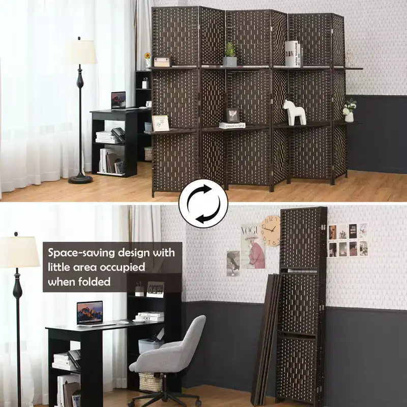 Paravent Pliable à 6 Panneaux 1,8 m en Fibre Tissée avec 2 Étagères de Présentation