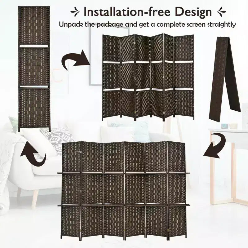 Paravent Pliable à 6 Panneaux 1,8 m en Fibre Tissée avec 2 Étagères de Présentation