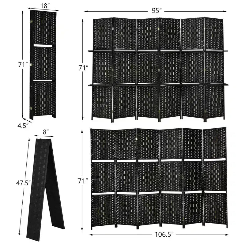 Paravent Pliable à 6 Panneaux 1,8 m en Fibre Tissée avec 2 Étagères de Présentation