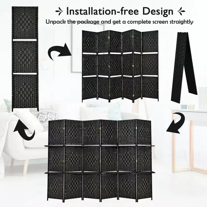 Paravent Pliable à 6 Panneaux 1,8 m en Fibre Tissée avec 2 Étagères de Présentation