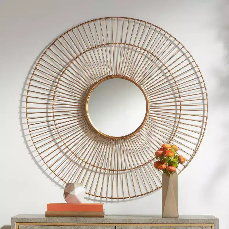 Miroir mural décoratif rond, cadre en métal moderne couleur or chaud à feuilles de 33 3/4 po de large pour salle de bain, chambre à coucher, salon, bureau